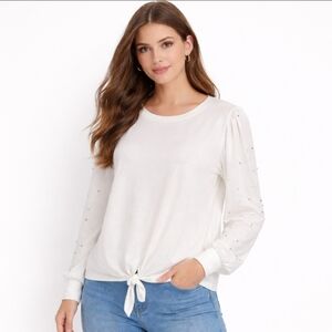 NWT Skonhet White Pearl Rhinestone Embellished Tie Front Sweater Plus Sz 1X